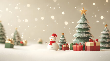 Christmas trees with gift boxes and snowman on snowy landscape, festive holiday background banner with falling snow, cozy and minimal winter scene.