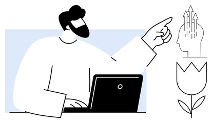 Business growth concept. A man working on a laptop and pointing to a symbolic head with arrows growth. Business growth, modern mindset, and innovation concept. For startups, entrepreneurship