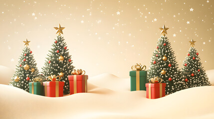 Obraz premium Christmas trees with gift boxes on soft snowy landscape, festive holiday background banner with falling snow, cozy and minimal winter scene.
