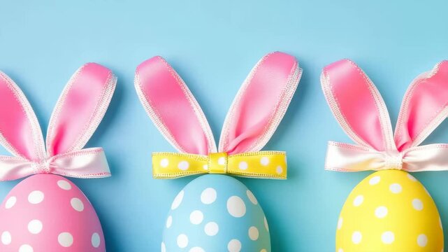 Three decorative Easter eggs in pink, blue, and yellow colors are placed on a blue surface. Each egg is festively adorned with polka dots and ribbons.