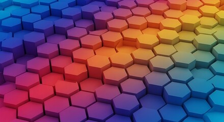 Abstract geometric background displaying a vibrant array of layered, colorful hexagonal shapes.