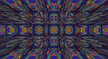 Abstract geometric kaleidoscope with vibrant colors creates a mesmerizing visual, optical illusion.