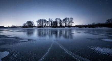 Frozen river reflecting a starlit sky creates a serene winter landscape, perfect for travel inspiration or a peaceful nature scene backdrop