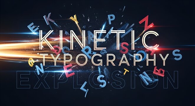 Energetic burst of 3D letters spelling 'Kinetic Typography Explosion' on a dynamic dark background