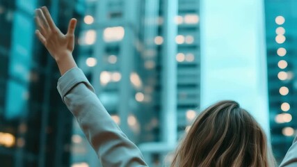 A woman stands with arms outstretched against a backdrop of towering skyscrapers as the twilight sky casts a soft glow over the urban landscape and surroundings.