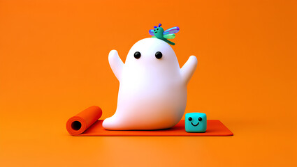 Whimsical Yoga Ghostly Figure Meditates with Dragonfly Companion, Generative AI