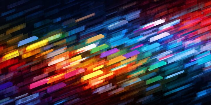 Vibrant abstract streaks of light create a dynamic, colorful background pattern.