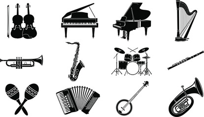 A diverse collection of black silhouette musical instruments, including piano,  © MstJahanara
