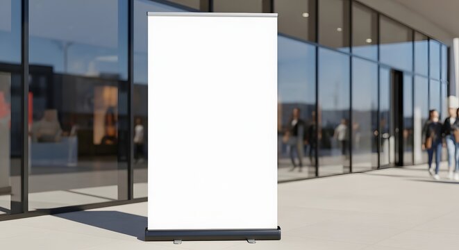 Blank white roll up banner mockup standing outside modern glass building entrance with blurred people in background for advertising or presentation - Powered by Adobe