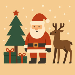 Santa Claus with Reindeer and Christmas Tree. Cute Holiday Flat Vector Illustration.