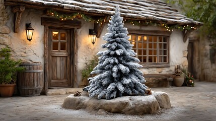 Magical Christmas corner with snow-dusted artificial tree, glittering ornaments and toy displays surrounded by cozy lighting.