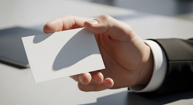 Closeup of a businessmans hand in a suit sleeve offering a blank white business card in a bright, professional setting with soft shadows