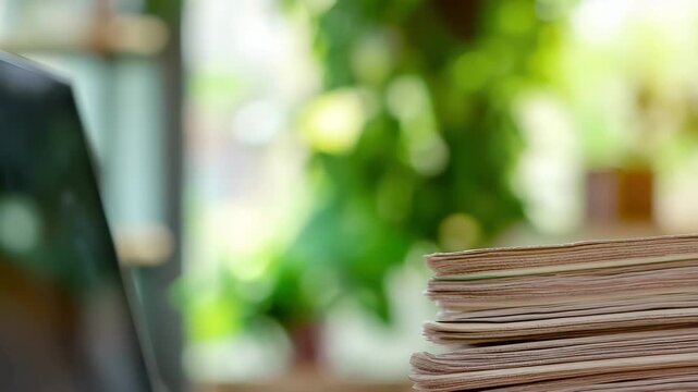 A modern laptop sits next to a tall stack of documents on a wooden table. Sunlight streams through the window, illuminating a vibrant indoor environment.