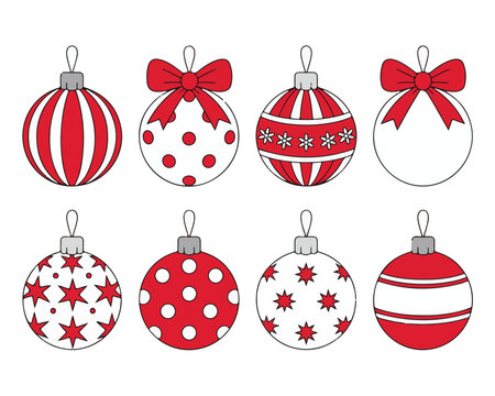 Set of Eight Round Decorations with Variety of Line Patterns and Red Polka Dots Ornaments with Ribbons on Top Vector Illustration