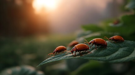A group of small beetles crawl across a green leaf in the warm glow of sunset