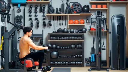 Well-organized home gym filled with various workout equipment, including dumbbells, resistance bands, and machines, creating an inviting space for fitness enthusiasts.