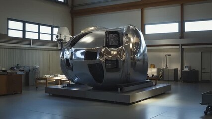 A large metallic sculpture showcases a futuristic design, illuminated by natural light streaming through windows in a spacious workshop. The sleek surface reflects the surroundings.