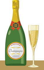 ボトルに入ったシャンパンとグラスのイメージイラスト