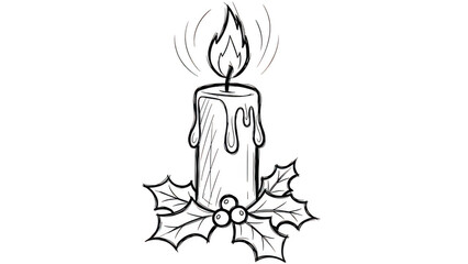 Burning Christmas Candle With Holly Berries Line Art