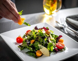 Chef garnishing a fresh salad with vibrant ingredients