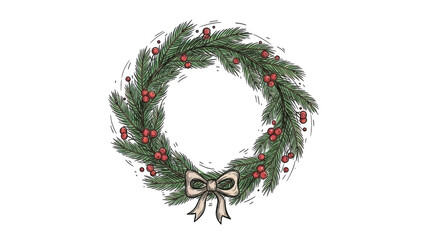 Christmas Wreath Illustration With Red Berries And Beige Bow