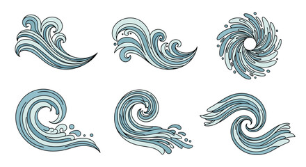 Collection of stylized blue wave illustrations on a white background, suitable for aquatic themes.