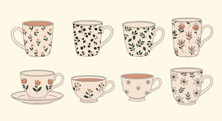 A collection of eight decorative mugs and cups with floral and botanical patterns.