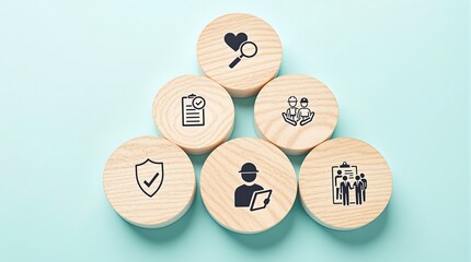Wooden discs stacked in a pyramid shape with various business and safety icons on a light blue background