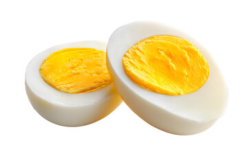 A perfectly halved hard boiled egg displaying a vibrant yellow yolk
