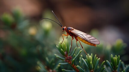 ro photograph of a vividly colored orange insect with delicate antennae and patterned wings perched on fresh green pine needles