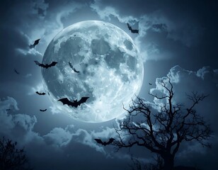 Spooky night scene with full moon, bats silhouette, and a bare tree against dark clouds