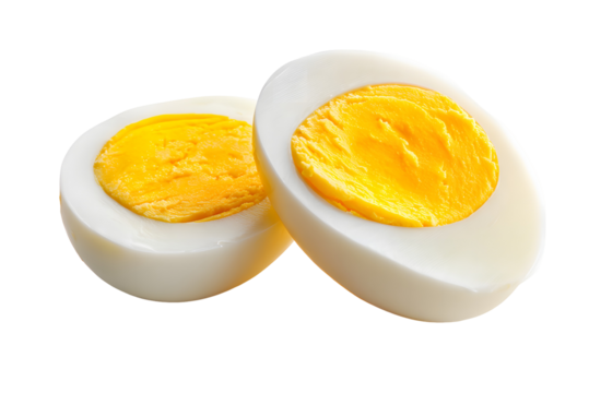 A perfectly halved hard boiled egg displaying a vibrant yellow yolk