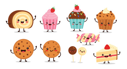 Obraz premium Cute and happy cartoon dessert characters including cookies, cupcakes, cake, and candy waving happily.
