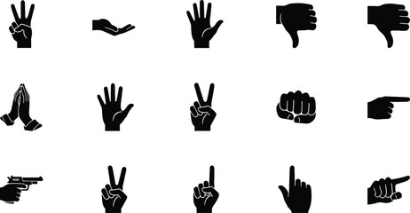 Black Silhouette Hand Gestures Vector Icons Set Including Pointing, Counting, Peace, Praying, Thumbs Down, and Handgun Isolated on White Background.