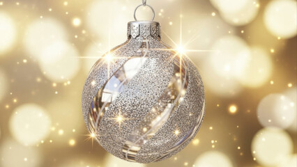 Elegant Silver Christmas Bauble With Golden Bokeh Lights