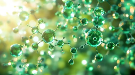 Close up of green molecular structure with interconnected spheres and rods on blurred background