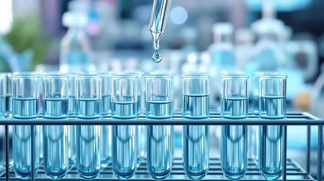 A close up of a rack of test tubes filled with blue liquid and a dropper adding liquid to one tube