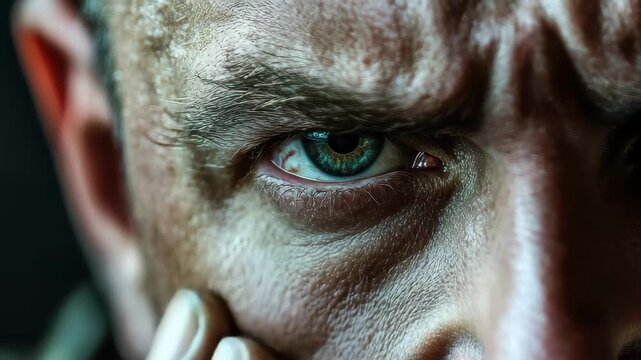 An intense marksman with piercing green eyes is aiming a rifle, showing great concentration as he prepares to take a shot in a dimly lit environment.