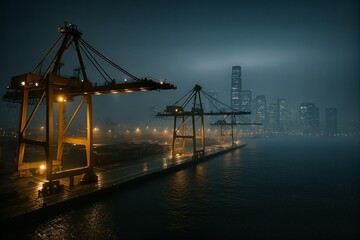 Rainy night cranes above foggy quay