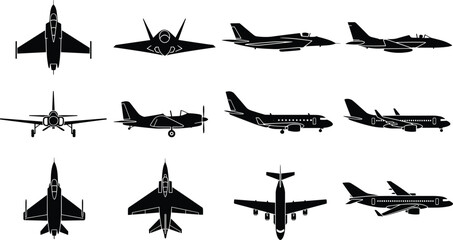 Black Silhouette of Aircraft Vector Set Showing Fighter Jets, Propeller Planes, and Passenger Airplanes from Top, Front, and Side View.