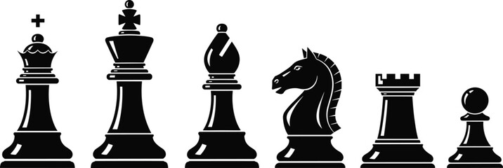 Black Silhouette of All Chess Pieces Vector Set Including King, Queen, Bishop, Knight, Rook, and Pawn for Strategy Game and Success Design. © MstJahanara