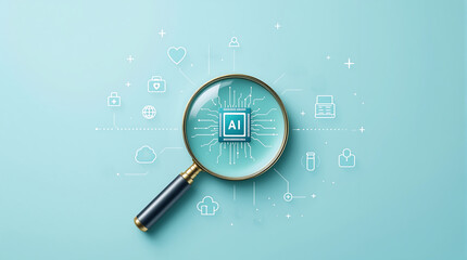 A magnifying glass focusing on an ai chip surrounded by medical and cloud computing icons on blue background