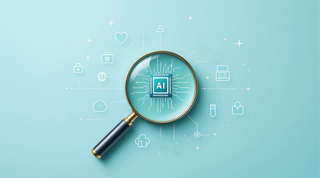 A magnifying glass focusing on an ai chip surrounded by medical and cloud computing icons on blue background