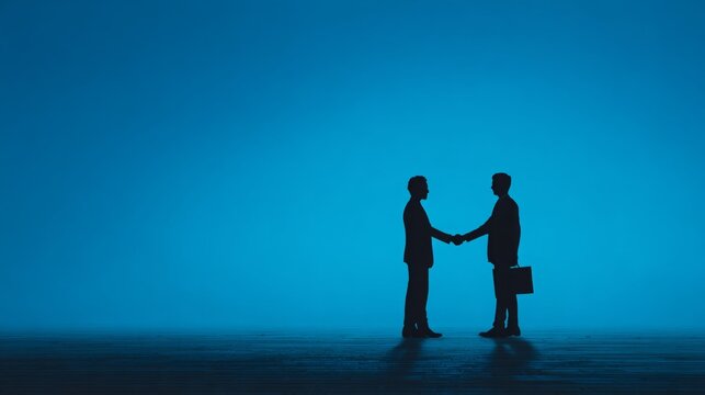 Silhouetted businessmen shaking hands in a blue-toned setting.