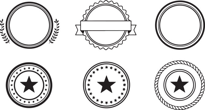 Collection of six different round badge designs isolated on, featuring various borders, stars, and a ribbon banner for customizable text