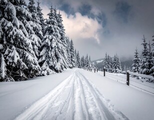 Snowy forest road with tracks, trees, fence, and cloudy sky. A winter scene