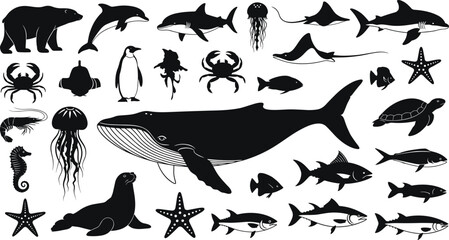 Black Silhouette of Marine Animals and Wildlife Vector Set Including Whale, Dolphin, Bear, Penguin, Shark, Fish, and Ocean Creatures for Nature Design.