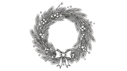 Handdrawn Christmas Wreath With Berries And Bow Black White Art
