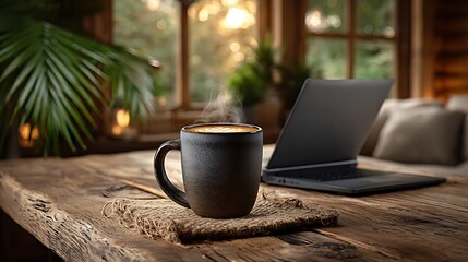 Modern home office desk with open laptop, notepad, coffee mug, and ambient daylight coming through a large window.