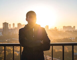 A man in a jacket standing on a balcony at sunset